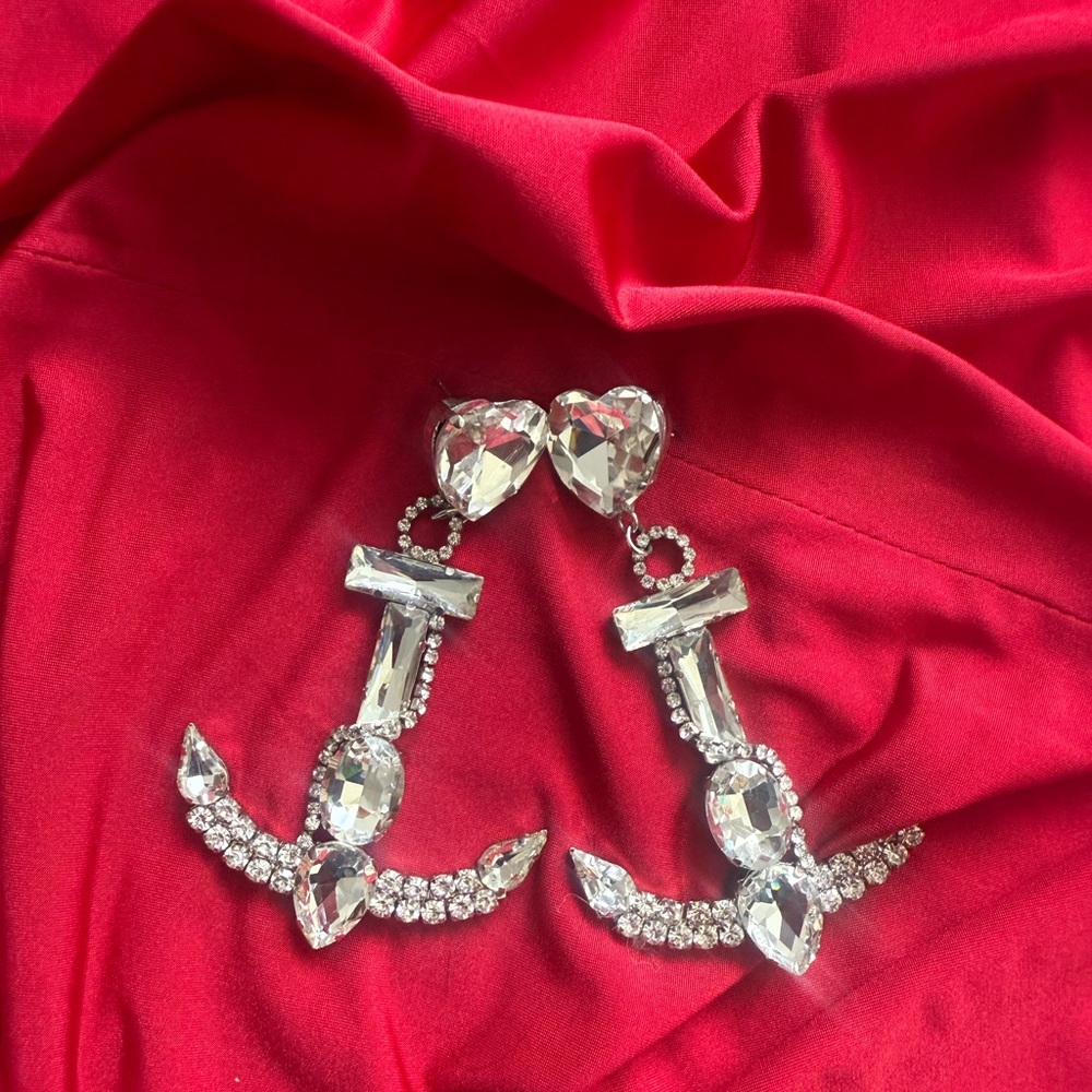 Elegant Silver Crystal Anchor Earrings
